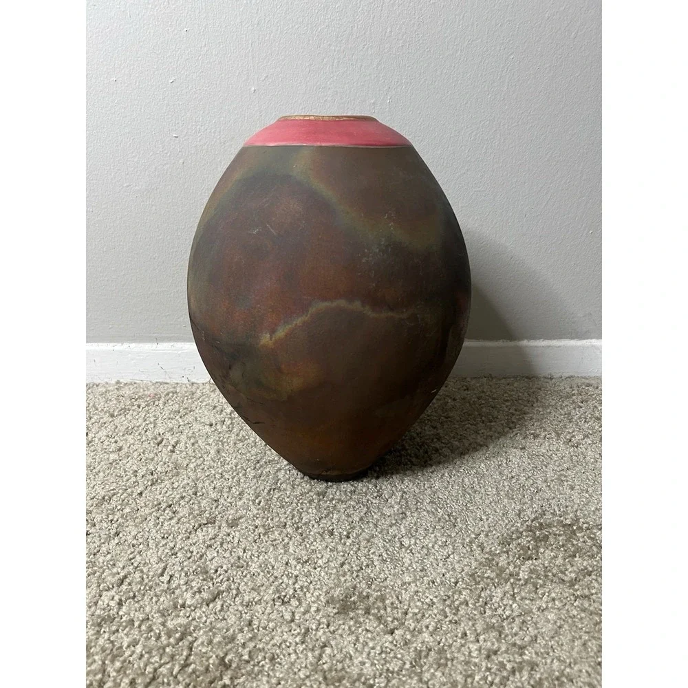 VTG. Raku Pottery Vase Signed Iridescent Earth Tone Finish 1998